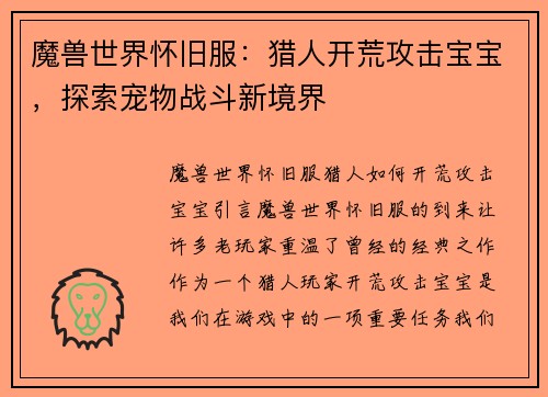 魔兽世界怀旧服：猎人开荒攻击宝宝，探索宠物战斗新境界